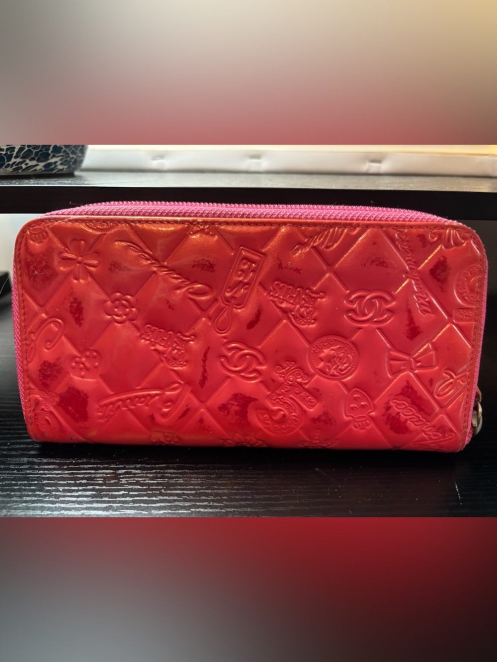 Authentic Chanel Lucky Symbols Embossed Patent Leather Long Zippy Wallet – Coral